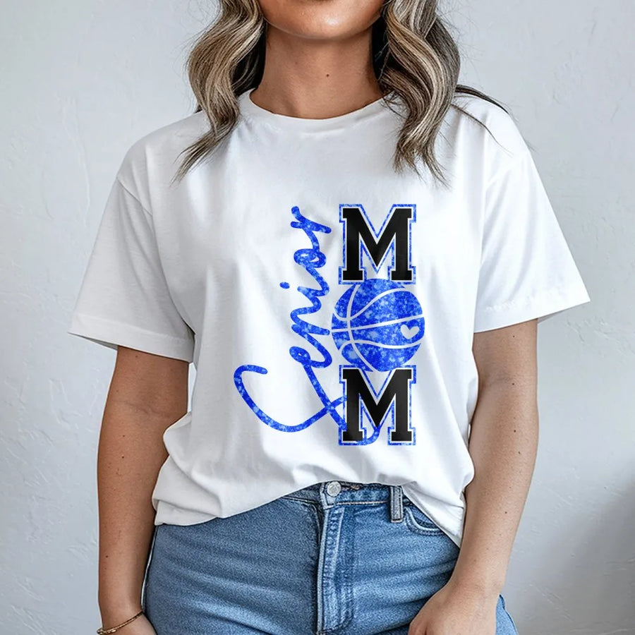 Senior Basketball Mom T-Shirt | Blue Glitter Basketball Design | Premium 100% Cotton Tee | Gift for Basketball Mom Game Day Outfit