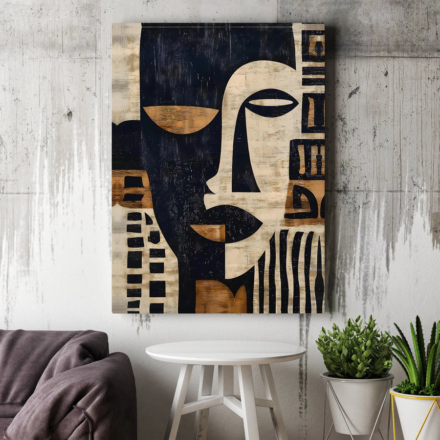 Abstract Face Canvas Wall Art | Modern Cubist Portrait with Distressed Texture | Premium Gallery Wrapped Canvas | Contemporary Living Room & Office Decor