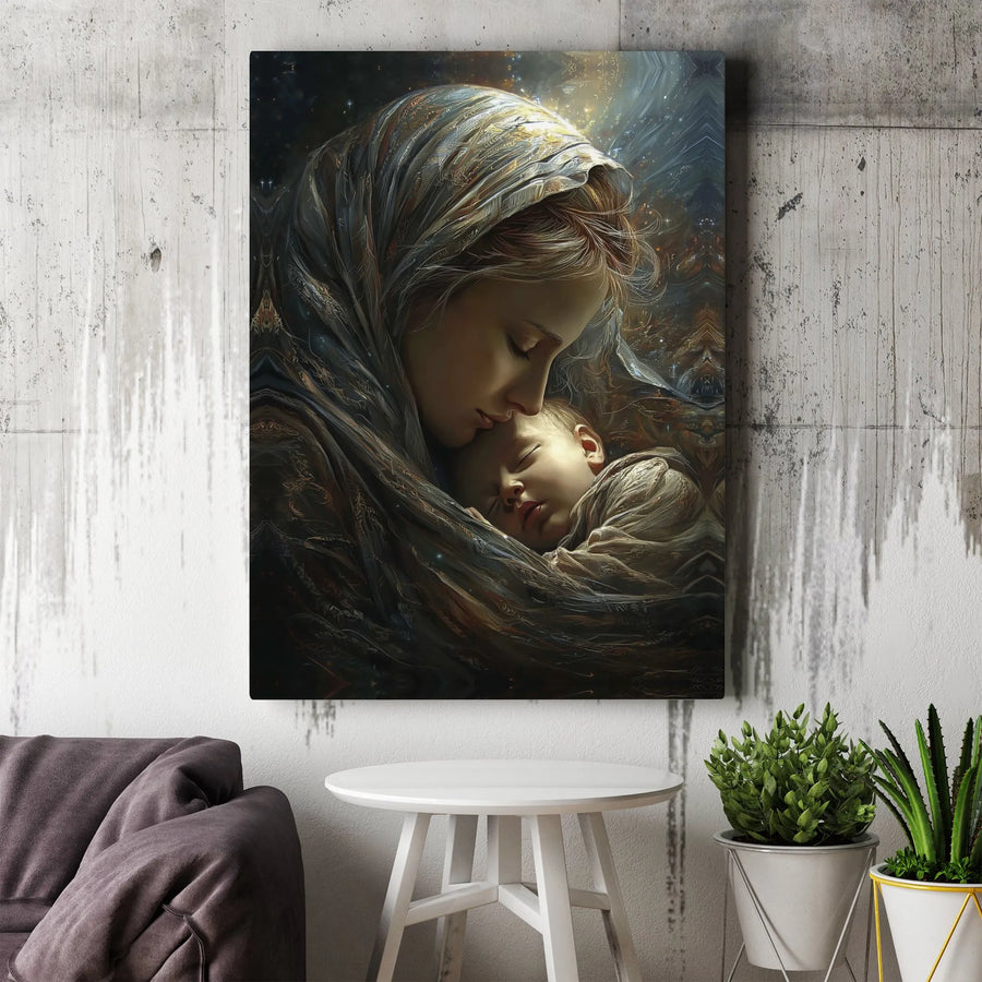 Toile Madone et Enfant | Portrait spirituel de la maternité | Toile premium tendue sur châssis | Cadeau de décoration chrétienne pour la maison pour maman