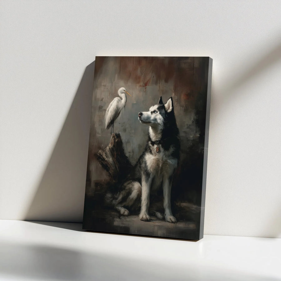 Siberian Husky and Egret Canvas | Moody Oil Painting Style Wall Art | Premium 1.25" Thick Gallery Wrap | Unique Collector's Gift for Dog Lovers