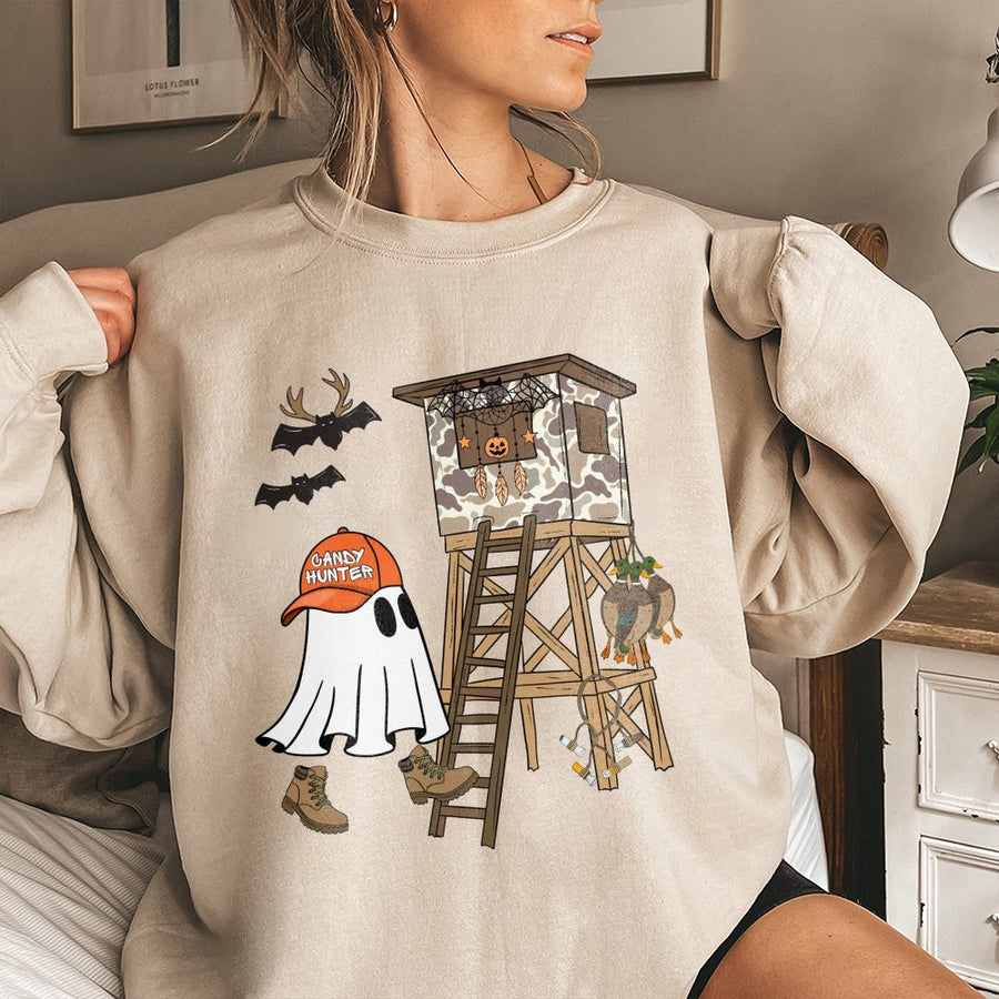 Candy Hunter Ghost Sweatshirt | Funny Camo Deer Stand Halloween Graphic | Cotton Blend Premium Crewneck | Spooky Fall Gift for Outdoorsmen