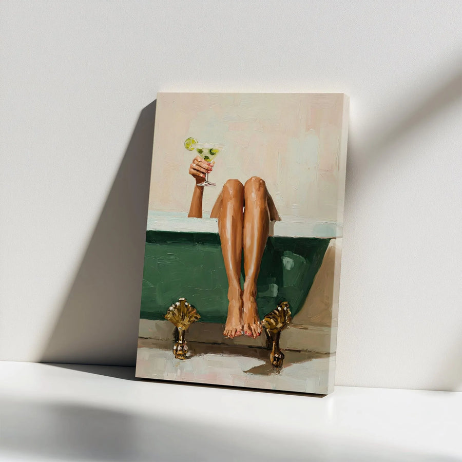 Relaxing Bathroom Wall Art Canvas | Woman in Clawfoot Tub with Cocktail Print | Premium Frameless Gallery Wrap | Chic Home Decor Gift for Her