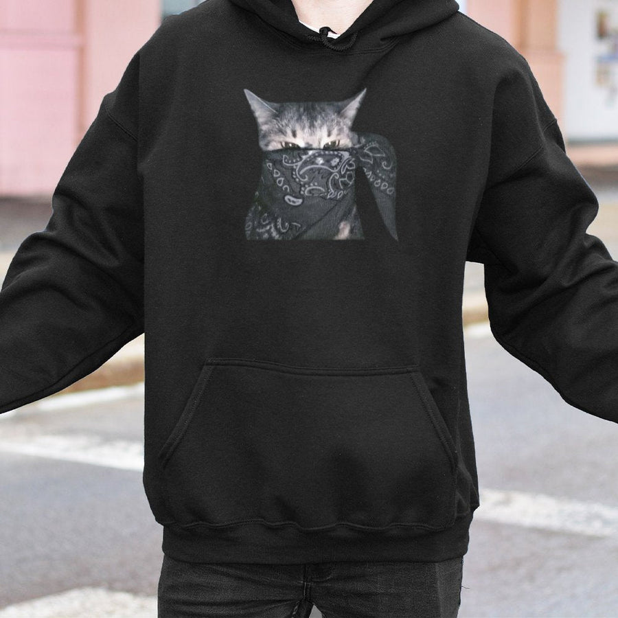 Outlaw Cat Hoodie | Funny Bandana Kitten Graphic Print | Premium Cotton-Blend Streetwear | Unique Gift for Cat Lovers & Meme Fans