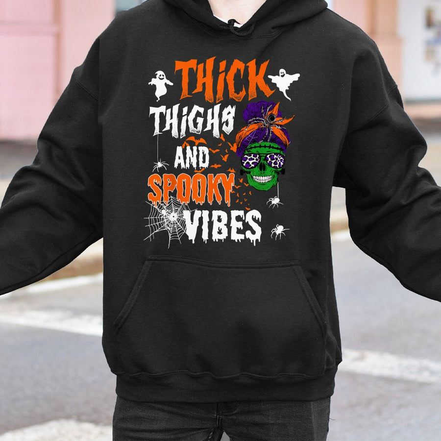 Thick Thighs And Spooky Vibes Hoodie | Funny Halloween Skull Graphic Design | Premium Cotton-Blend Comfort | Cute Gift For Women & Curvy Girls