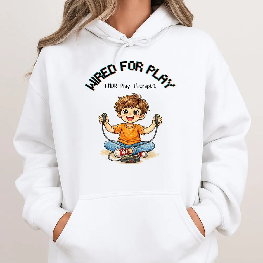 Wired For Play Hoodie | EMDR Play Therapist Gaming Graphic | Premium Cotton Blend | Gift for Mental Health Professionals and Counselors