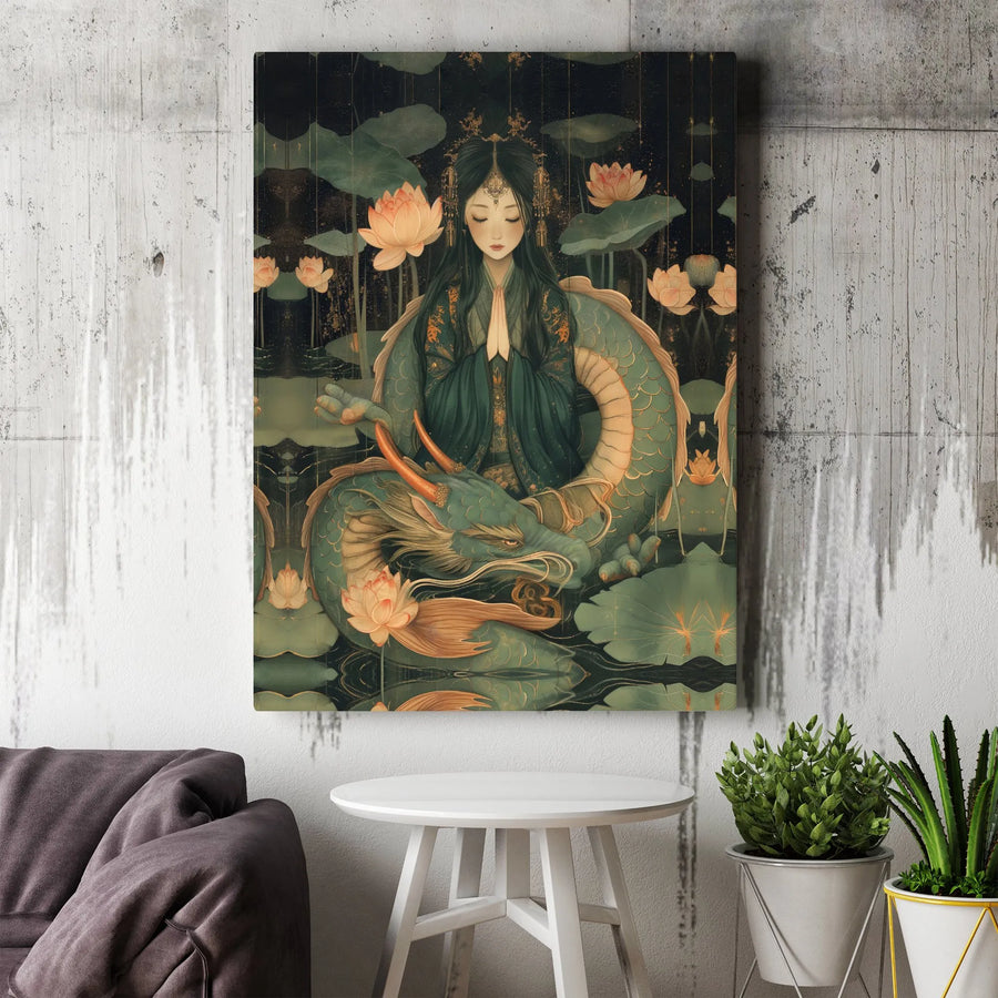 Goddess with Dragon Vertical Canvas | Asian Mythology Wall Art with Lotus Flowers | Premium 1.25 Inch Gallery Wrap | Spiritual Meditation Room Decor, Fantasy Gift