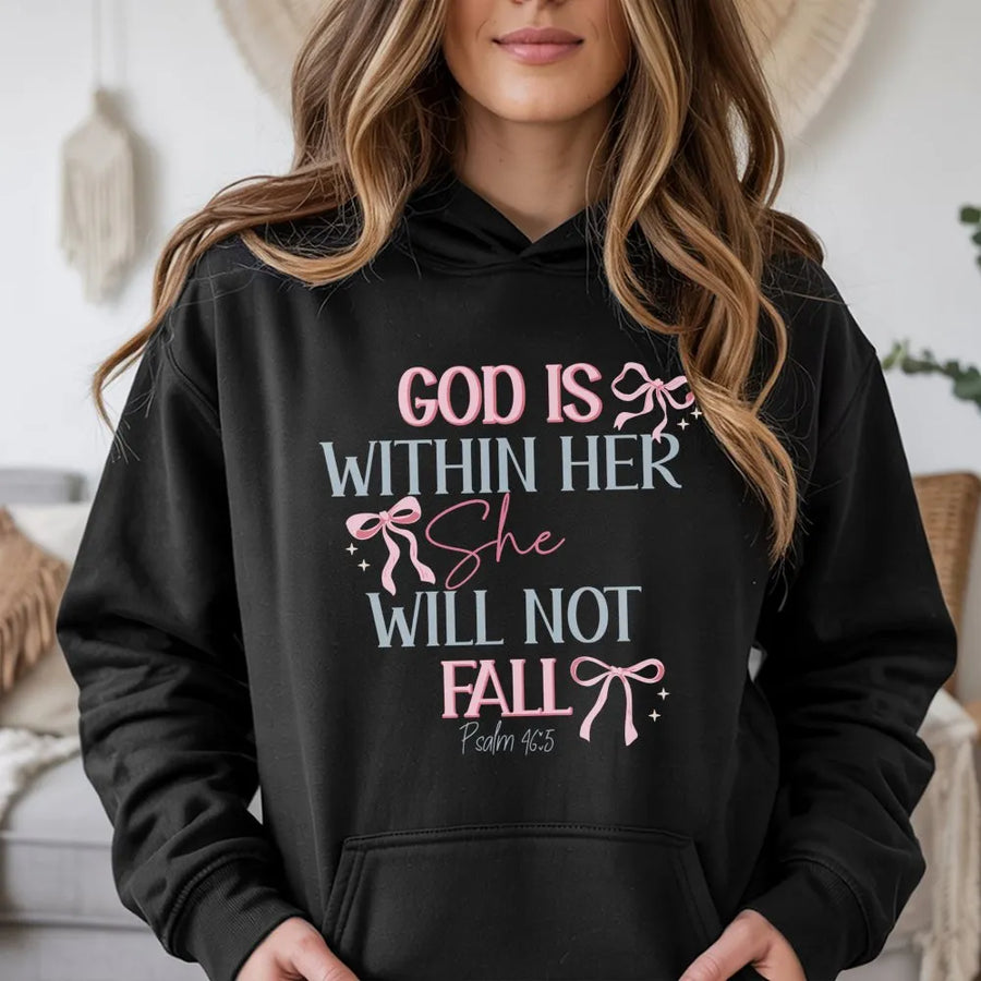God Is Within Her Hoodie | Coquette Aesthetic Psalm 46:5 Bible Verse | Premium Cotton Blend Soft Sweatshirt | Christian Gift for Women and Girls