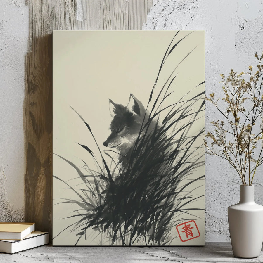 Japanese Fox Canvas Wall Art | Sumi-E Ink Wash Painting | Premium Gallery Wrap Decor | Minimalist Zen Living Room Gift