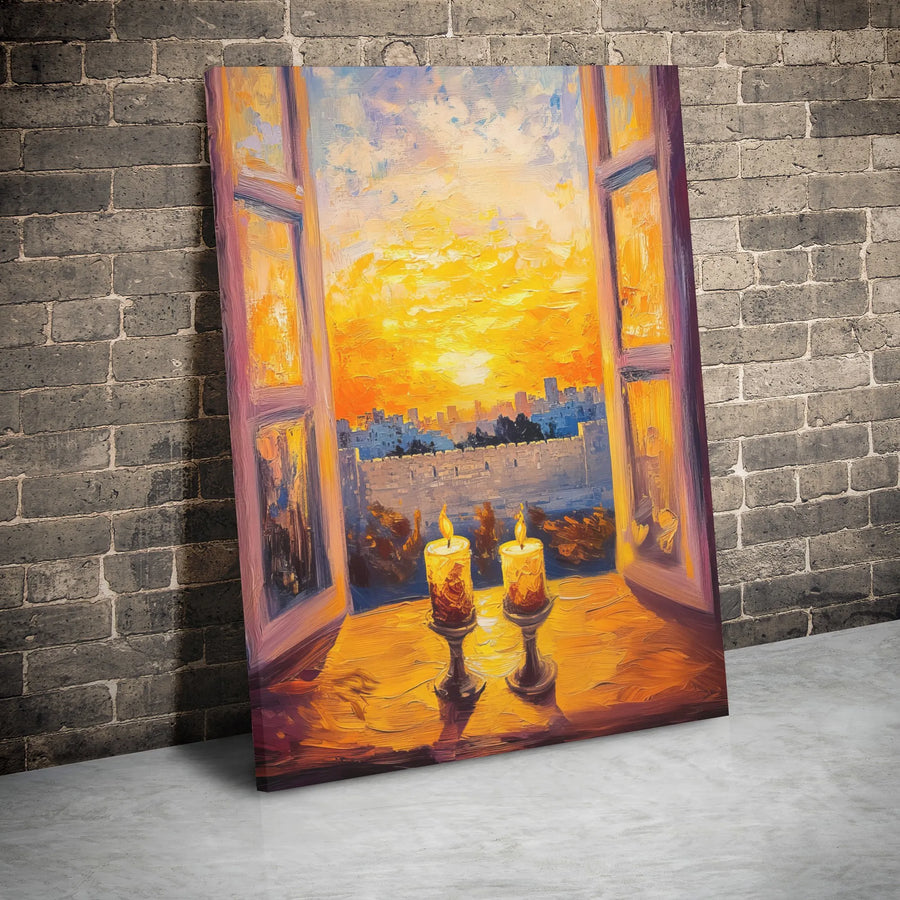Jerusalem Shabbat Candles Canvas Wall Art | Impressionist Sunset Window View | Premium Gallery Wrap Print | Jewish Home Decor Gift