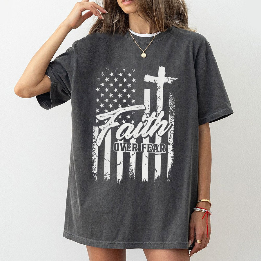 Faith Over Fear T-Shirt | Patriotic American Flag Cross Graphic | Premium 100% Cotton Tee | Christian Religious Gift for Men and Women