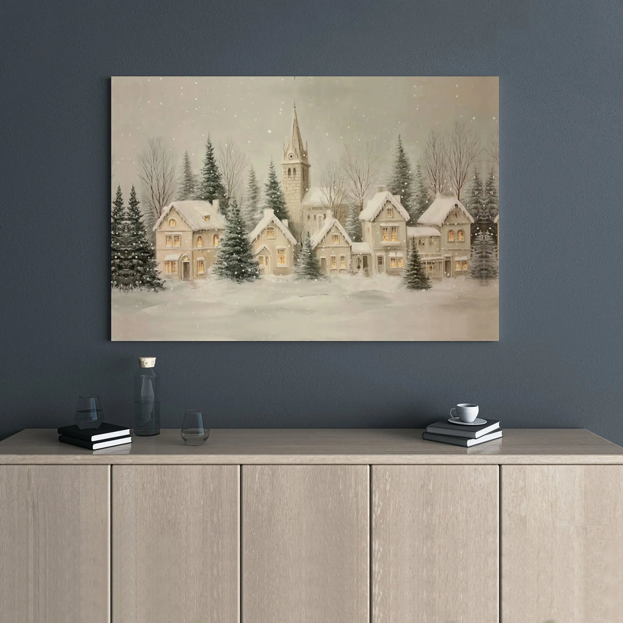 Snowy Christmas Village Canvas Wall Art | Winter Church Landscape Decor | Premium Gallery Wrap Print | Festive Holiday Home Gift