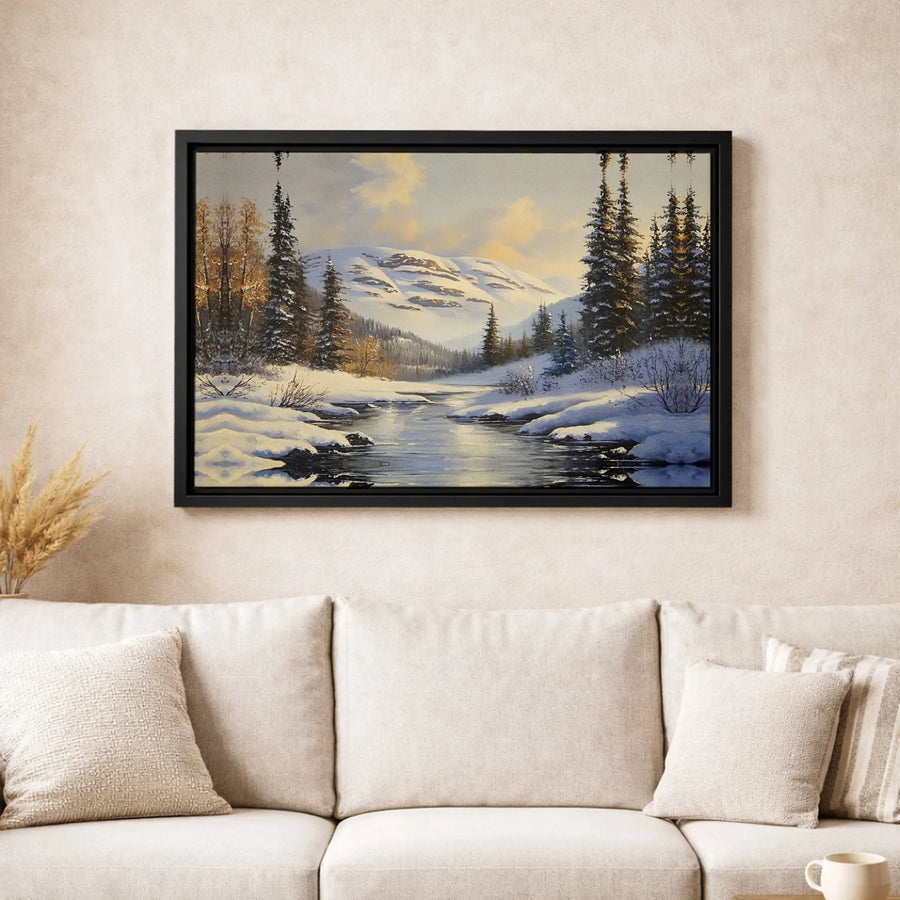 Snowy Mountain River Canvas Print | Winter Landscape Wall Art | Premium Gallery Wrapped 1.25" Profile | Serene Nature Home Decor Gift