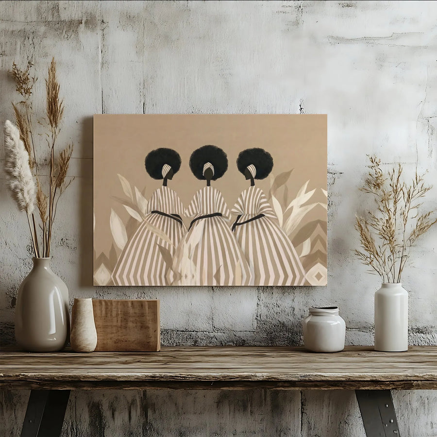 African American Art Horizontal Canvas | Modern Black Women in Striped Dresses Boho Print | Premium 1.25" Gallery Wrap Wall Decor | Elegant Cultural Gift for Living Room