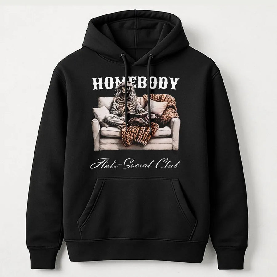 Homebody Skeleton Hoodie | Cozy Introvert Couch Graphic | Premium Cotton Blend Unisex Sweatshirt | Spooky Season Gift for Book Lovers