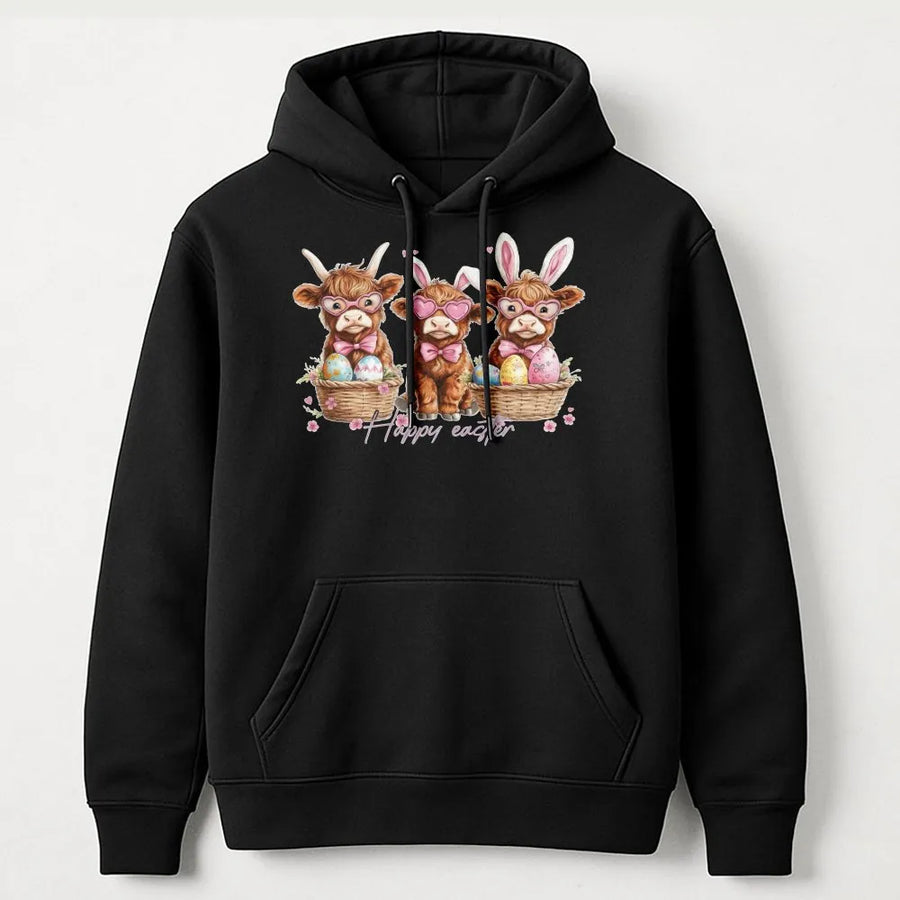 Easter Cow Hoodie | Cute Highland Cattle Bunny Ears Graphic | Premium Cotton Blend | Holiday Gift for Animal Lovers