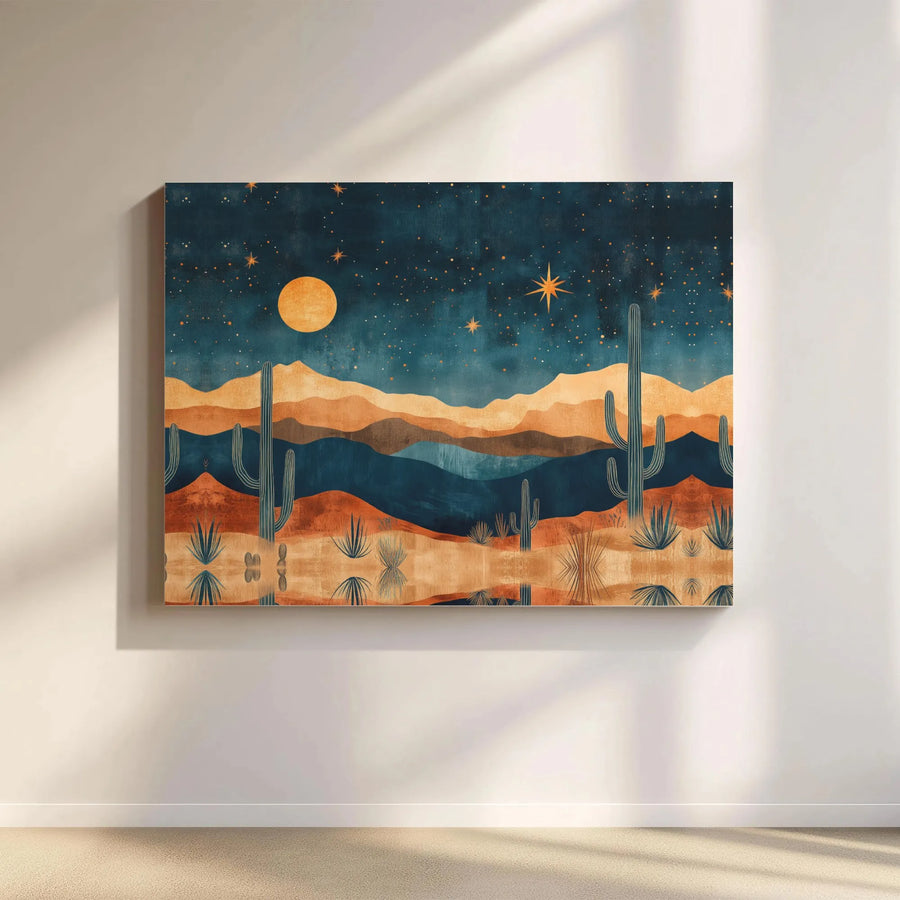 Boho Desert Landscape Canvas Art | Mid-Century Modern Saguaro Cactus Moon Print | 1.25 Inch Gallery Wrap | Large Wall Decor for Living Room