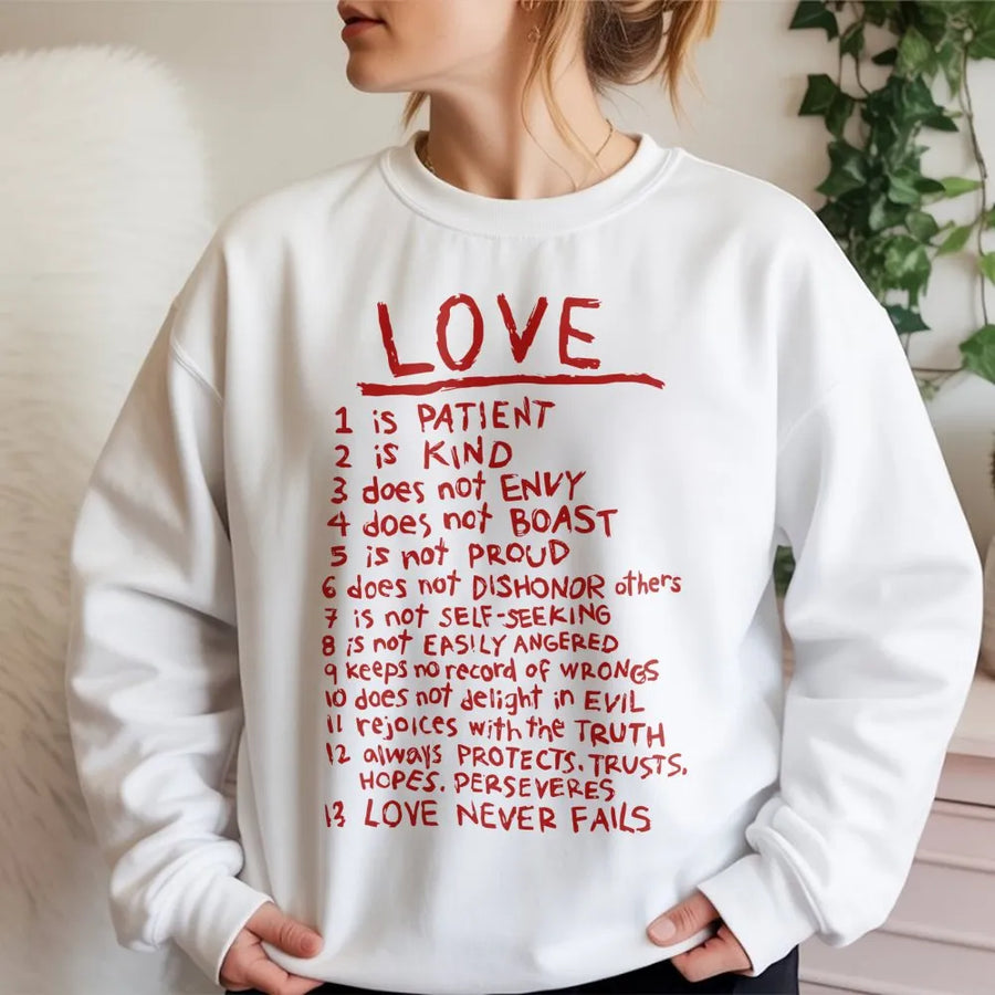 Love Is Patient Sweatshirt | Bible Verse 1 Corinthians 13 Scripture Design | Premium Cotton Blend Crewneck | Religious Gift for Men and Women