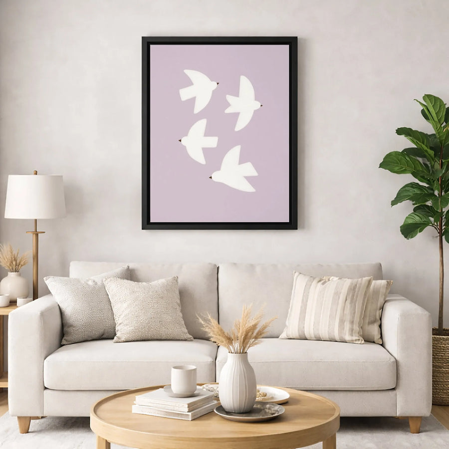 Minimalist Bird Canvas Wall Art | Lavender Abstract Flying Birds Print | Premium Gallery-Wrapped Decor | Modern Home Office Gift