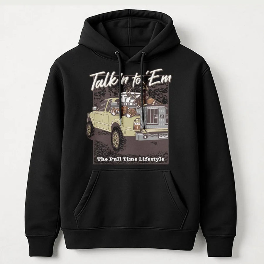 Talkin To Em Hunting Hoodie | Deer Truck Graphic Sweatshirt | Premium Cotton Blend | Gift For Hunter Outdoorsman