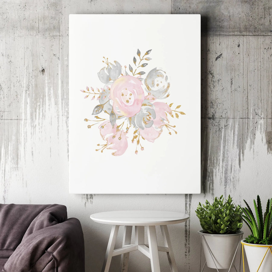 Watercolor Floral Canvas Wall Art | Pink and Grey Bouquet with Gold Glitter Accents | 1.25 Inch Gallery Wrap | Elegant Home Decor Gift