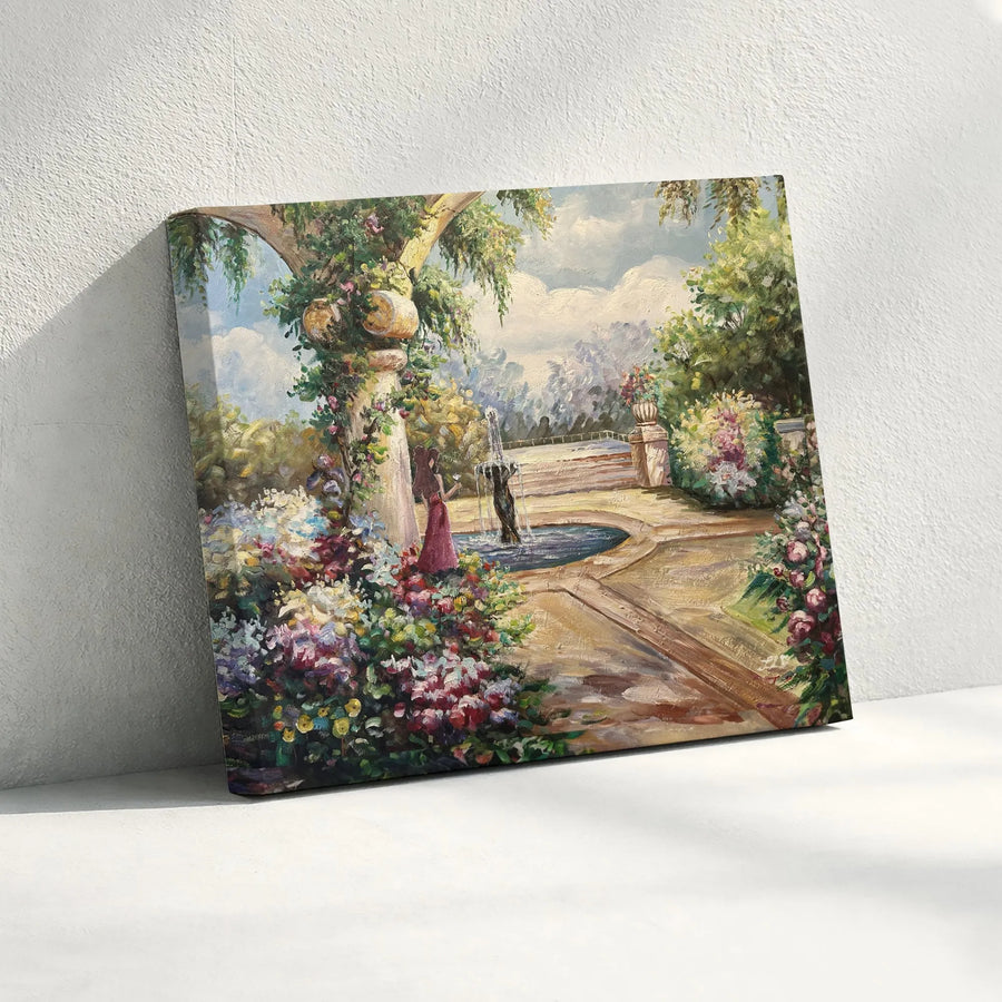 Romantic Garden Wall Art | Impressionist Fountain Landscape Canvas | Premium Gallery Wrapped Decor | Floral Nature Painting for Home Gift