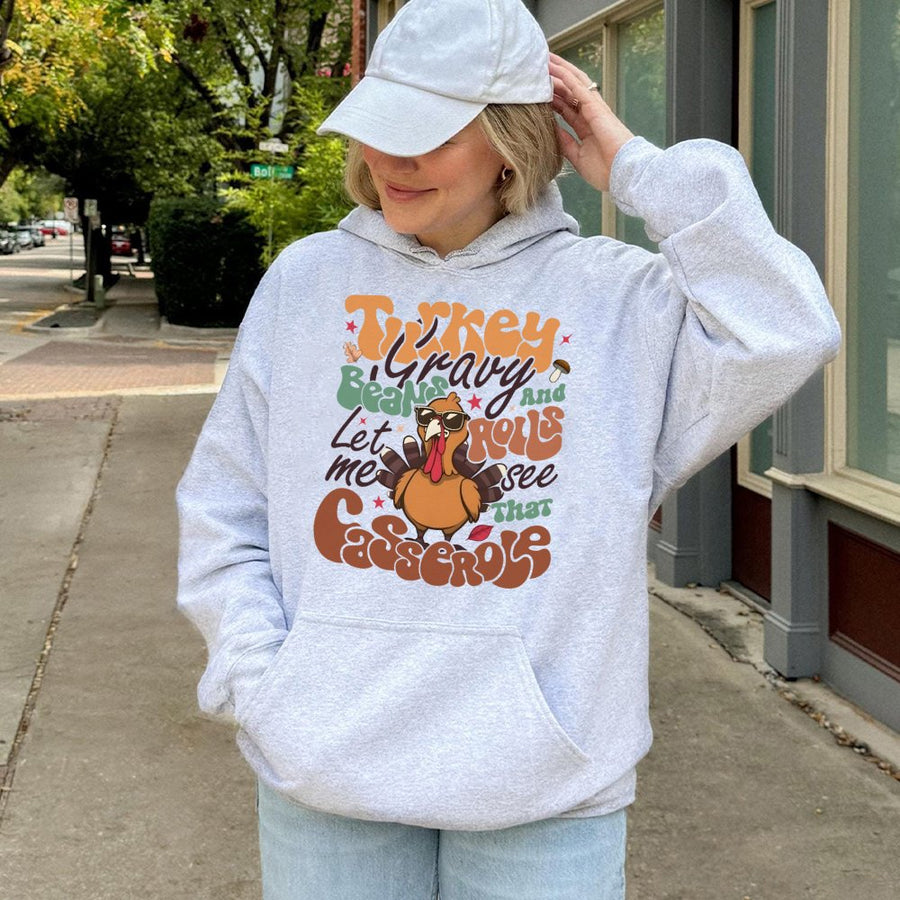 Funny Thanksgiving Hoodie | Turkey Gravy Beans And Rolls Design | Premium Cotton Blend Unisex Sweatshirt | Retro Fall Holiday Gift For Foodie
