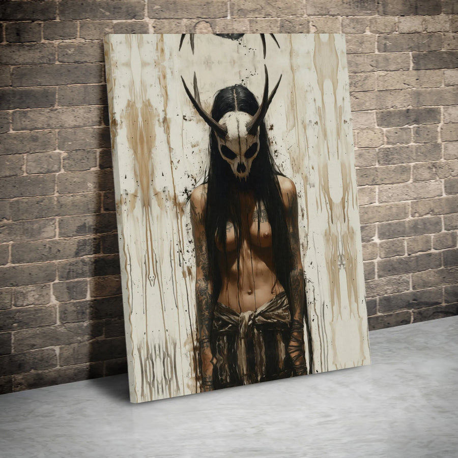 Gothic Skull Mask Canvas Wall Art | Dark Surreal Tattooed Woman Portrait | Premium 1.25 Inch Gallery Wrap | Edgy Home Decor Gift for Horror Fans
