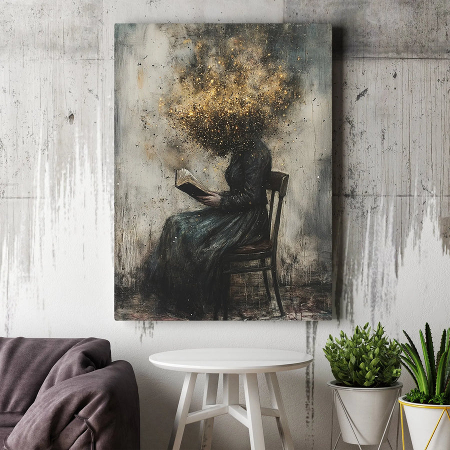 Surreal Woman Reading Book Canvas | Exploding Glitter Sparkle Head Wall Art | Premium Gallery Wrapped Decor | Unique Gift for Book Lovers