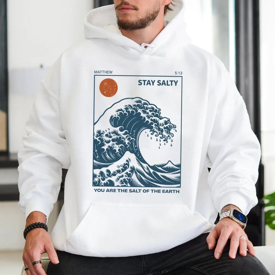 Stay Salty Christian Hoodie | Great Wave Aesthetic Bible Verse Graphic | Premium Cotton Blend | Faith-Based Gift for Men and Women