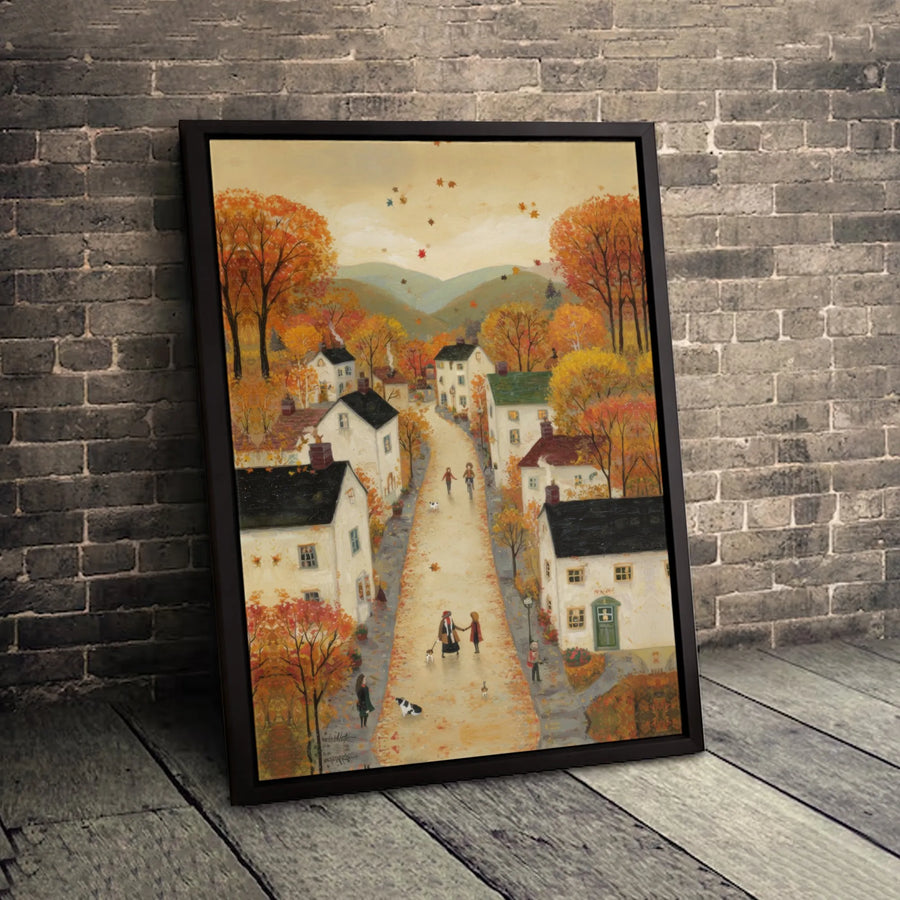 Autumn Village Canvas Wall Art | Whimsical Folk Art Landscape | Premium 1.25" Gallery Wrap | Cozy Fall Home Decor for Living Room