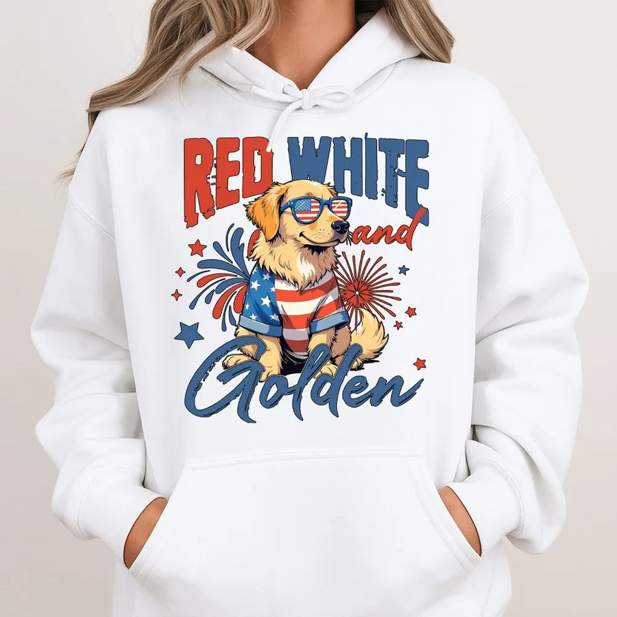 Red White and Golden Hoodie | Patriotic Golden Retriever USA Flag Design | Soft Cotton Unisex Tee | Independence Day Gift for Dog Mom