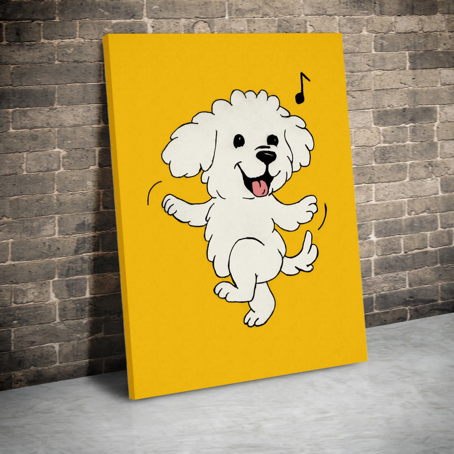 Dancing White Dog Canvas Art | Cute Cartoon Doodle Print | 1.25 Inch Gallery Wrap | Cheerful Yellow Nursery Decor Wall Art Gift