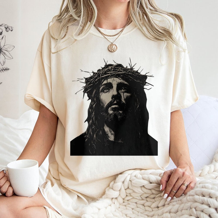 Jesus Christ T-Shirt | Crown of Thorns Religious Graphic | 100% Cotton Premium Apparel | Faithful Christian Gift for Men and Women