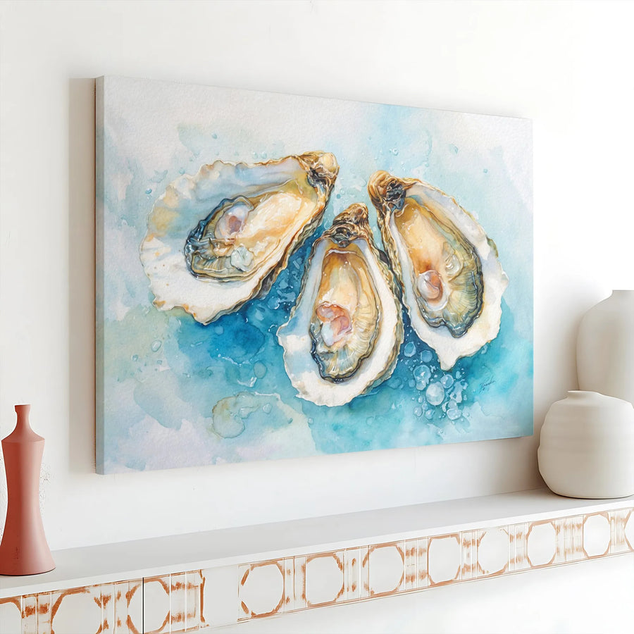 Oyster Watercolor Canvas Art | Coastal Beach Wall Decor | Premium Gallery Wrap Print | Sea Life Gift for Home Kitchen & Dining Room