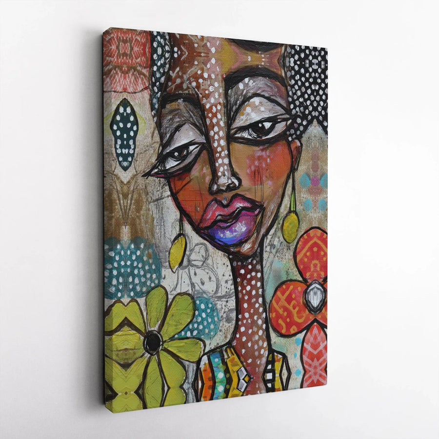 Abstract Black Woman Canvas Print | Colorful Modern Folk Art Portrait | Premium Fade-Resistant Ink | Living Room Wall Decor Gift