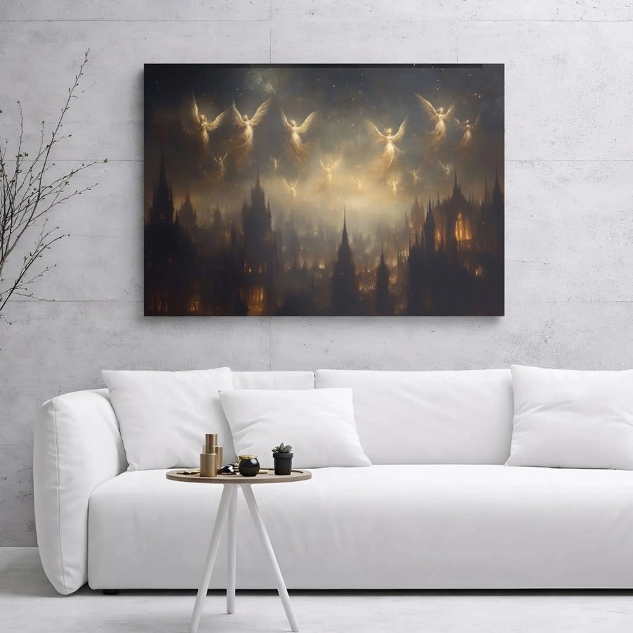 Angels Over Gothic City Canvas Wall Art | Surreal Night Sky Fantasy Landscape | Premium 1.25" Gallery Wrap | Dark Aesthetic Home Decor Gift