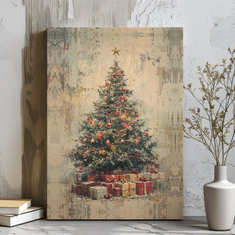 Rustic Christmas Tree Canvas Art | Vintage Festive Decor with Wrapped Gifts | Premium 1.25" Gallery Wrap | Holiday Wall Art for Home or Office Gift