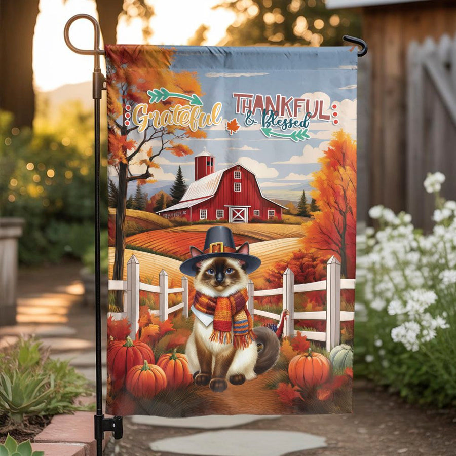 Grateful and Blessed Garden Flag | Thanksgiving Siamese Cat Pilgrim Decor | Premium Weather-Resistant Polyester | Autumn Farm Harvest Yard Gift