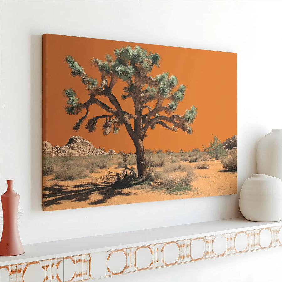 Joshua Tree Landscape Canvas | Vibrant Orange Desert Sunset Art | Premium Gallery Wrap 1.25" Frame | Modern Home & Office Wall Decor Gift