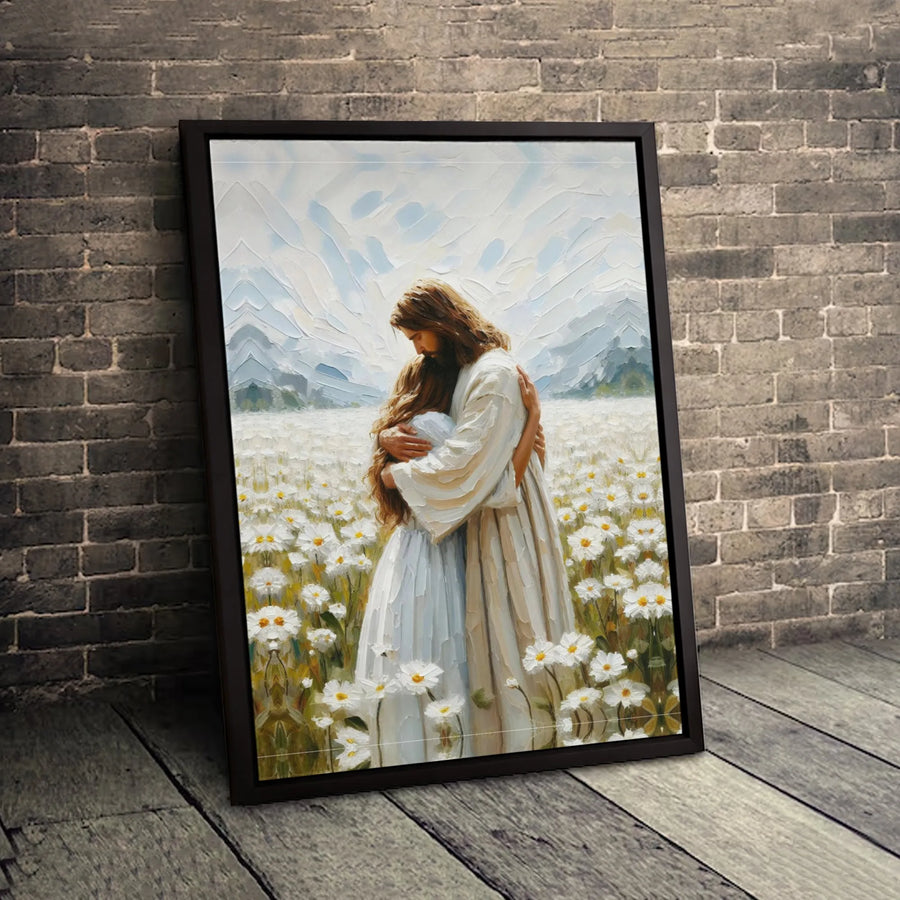 Jesus Embracing Woman Canvas Print | Faith-Inspired Field of Daisies Art | Premium Gallery-Wrap 1.25" Profile | Spiritual Home Decor Gift