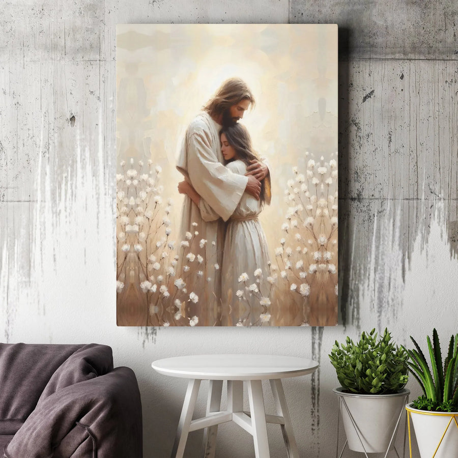 Jesus Embracing Woman Canvas Print | Serene Religious Art | Premium Gallery-Wrapped Wall Decor | Meaningful Christian Home Gift