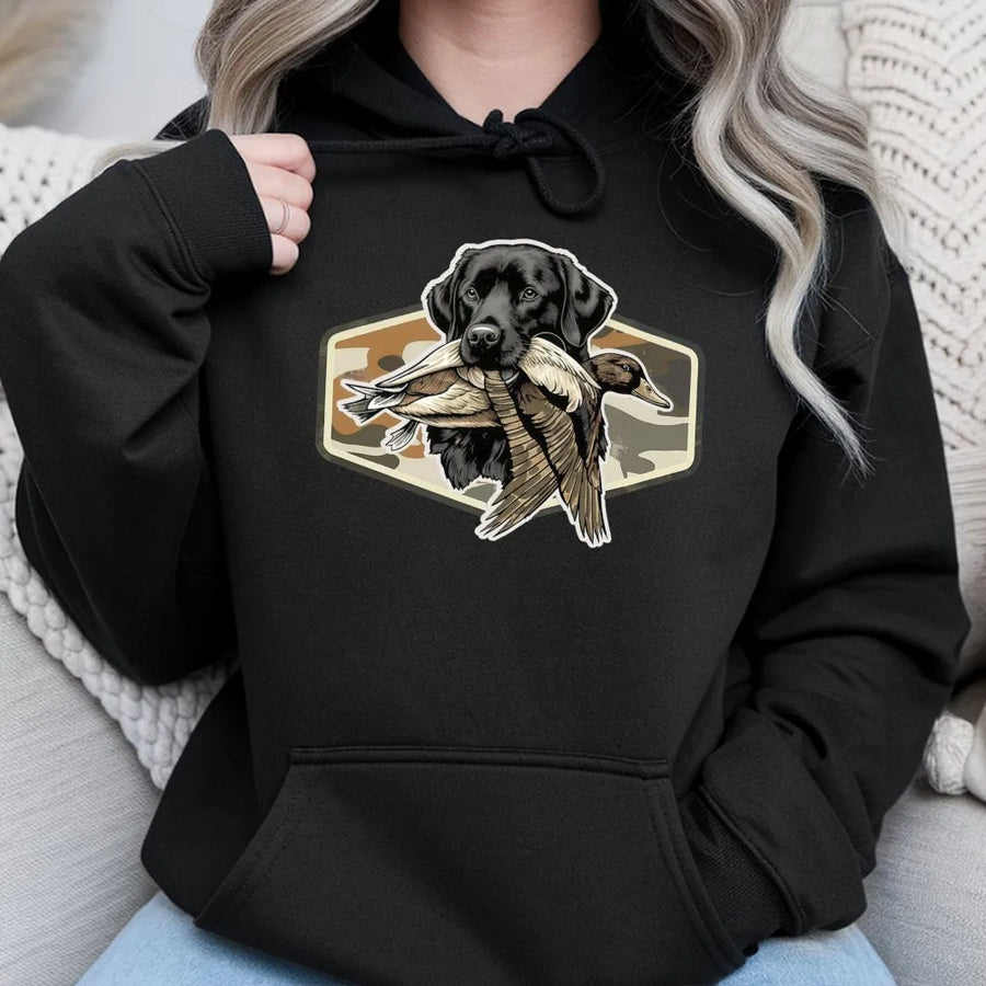 Labrador Duck Hunting Hoodie | Camo Patch Graphic Design | Premium Cotton Blend | Gift for Waterfowl Hunters and Dog Lovers