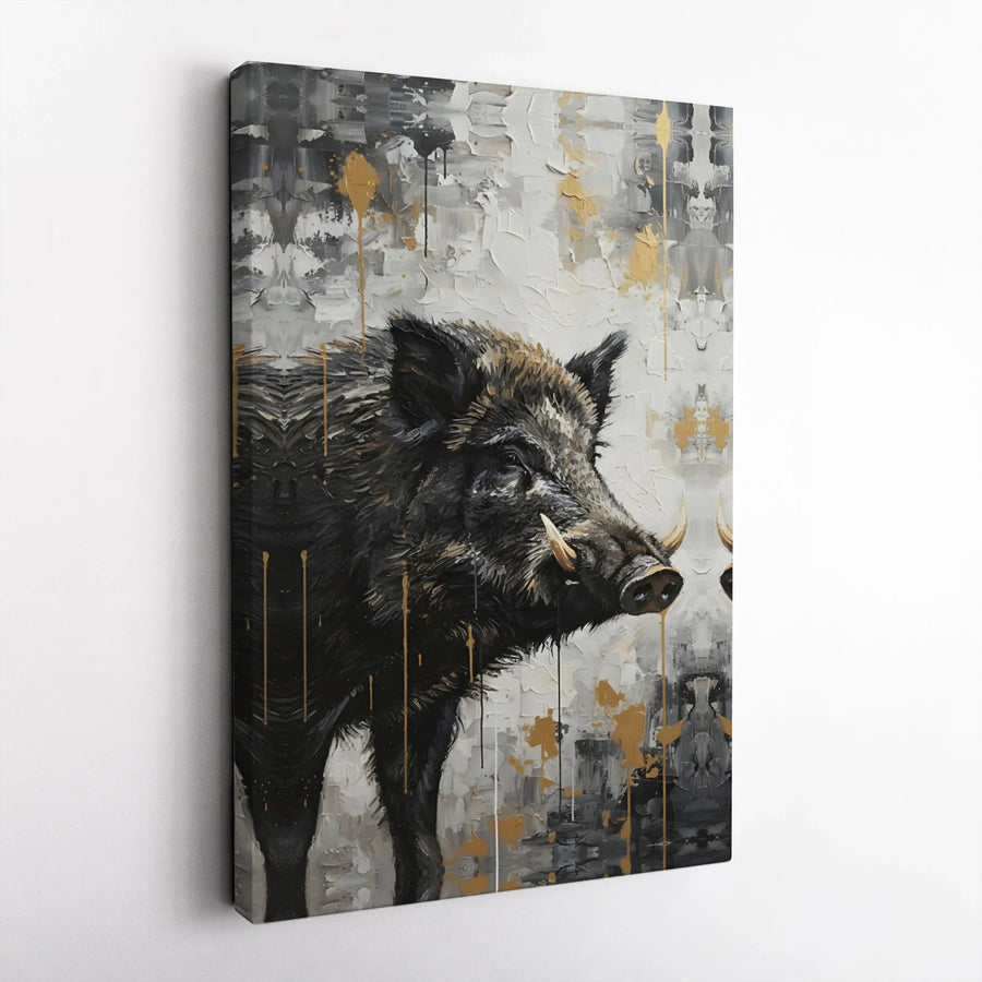 Wild Boar Canvas Wall Art | Abstract Animal Portrait With Gold Splatter | Premium Gallery Wrap Print | Modern Farmhouse Rustic Decor