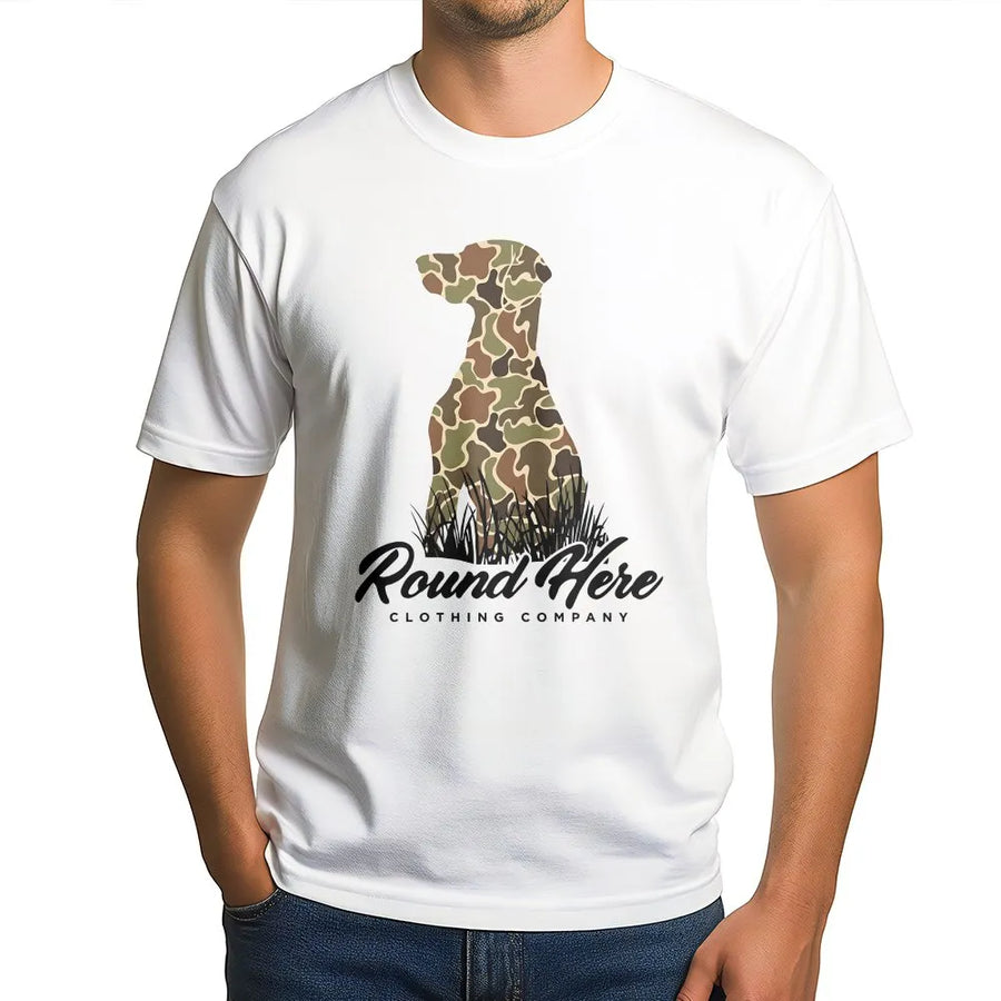 Camo Hunting Dog T-Shirt | Retriever Silhouette Graphic | Premium Cotton | Outdoor Country Lifestyle Gift for Men