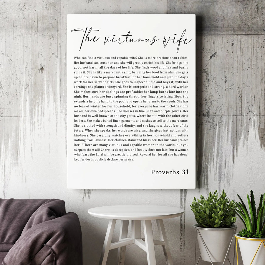 Proverbs 31 Virtuous Wife Vertical Canvas | Minimalist Scripture Typography | Premium Thick Gallery Canvas | Christian Wall Art Gift for Her