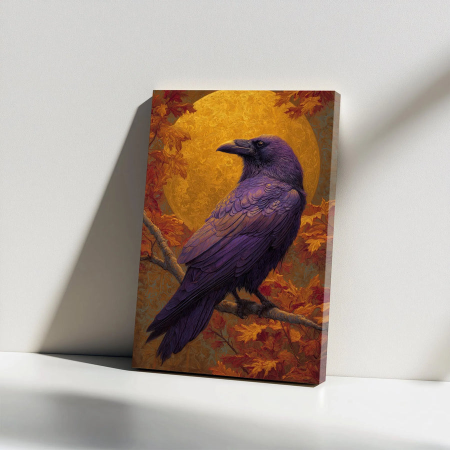 Gothic Raven Vertical Canvas | Autumn Harvest Moon Illustration | Premium Gallery Wrap | Mystical Wall Art Gift for Gothic Home Decor