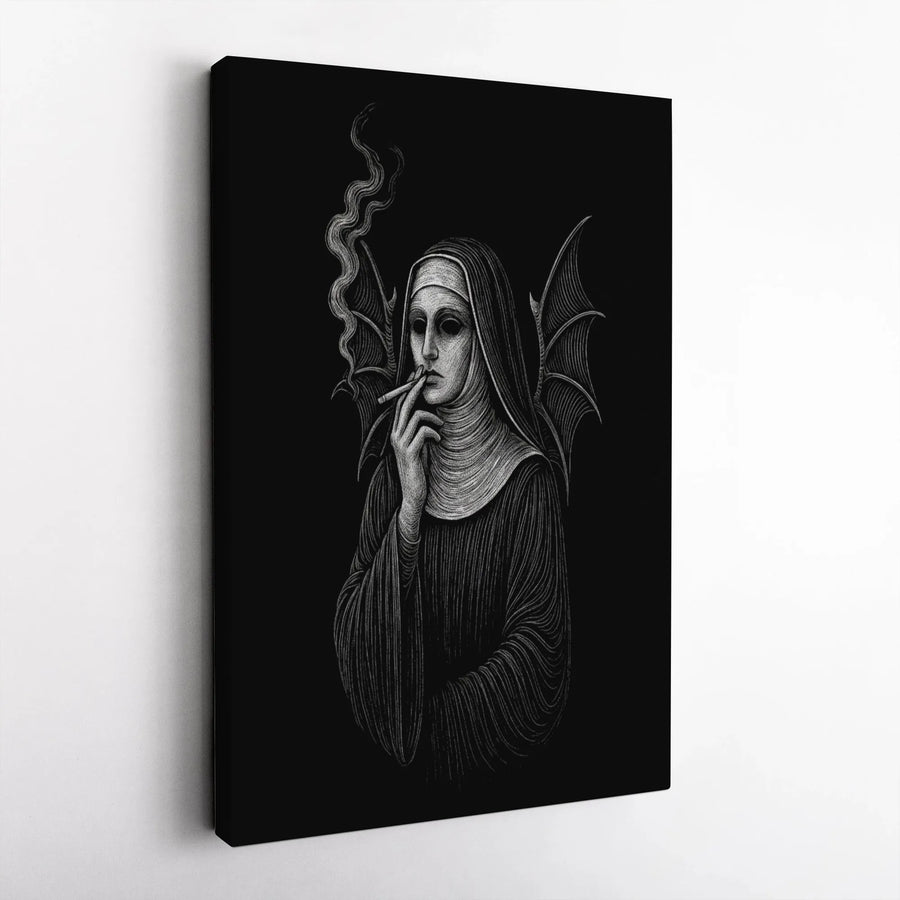 Smoking Nun Canvas Print | Gothic Demon Wings Wall Art | Gallery Wrapped Premium Decor | Dark Academia Gift for Occult Lovers