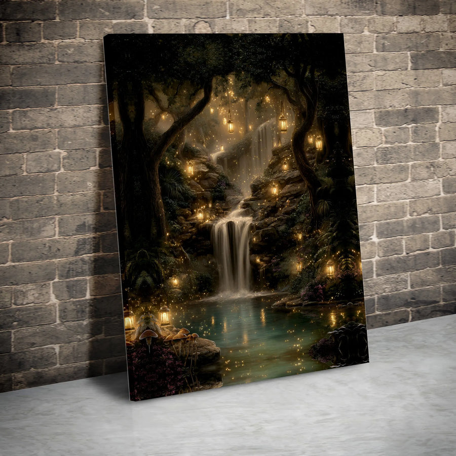 Enchanted Forest Canvas Art | Glowing Lanterns & Waterfall Scene | Premium High-Resolution Print | Gift for Fantasy & Nature Lovers