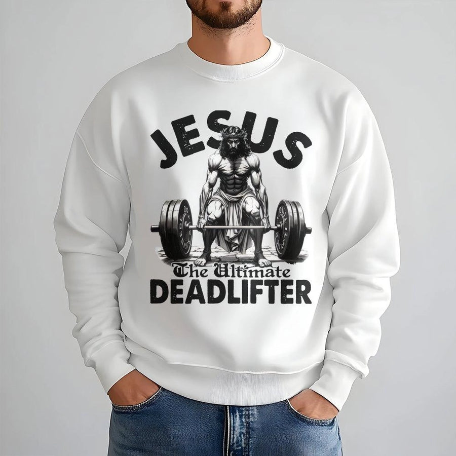 Jesus Deadlifting Sweatshirt | Christian Gym Graphic Tee | Premium Cotton Blend | Motivational Fitness Gift for Powerlifters and Bodybuilders