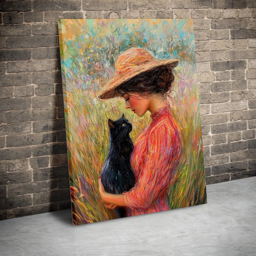 Impressionist Cat Wall Art | Woman Holding Black Cat Oil Painting Style | 1.25" Thick Premium Gallery Canvas | Aesthetic Decor Gift for Cat Lovers